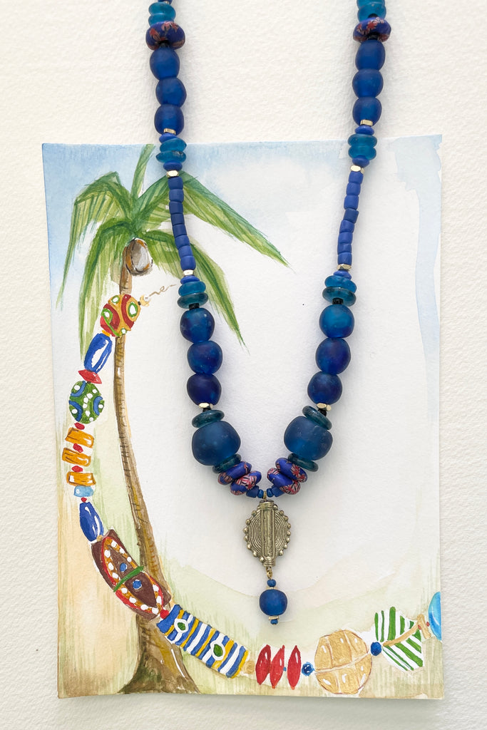 This necklace is from our exclusive range of jewellery highlighting the beautiful African recycled powder glass beads made by the people of Krobo Mountain in Ghana, West Africa.