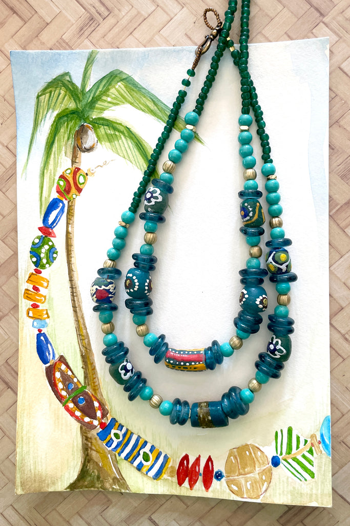 This necklace is from our exclusive range of jewellery highlighting the beautiful African recycled powder glass beads made by the people of Krobo Mountain in Ghana, West Africa.
