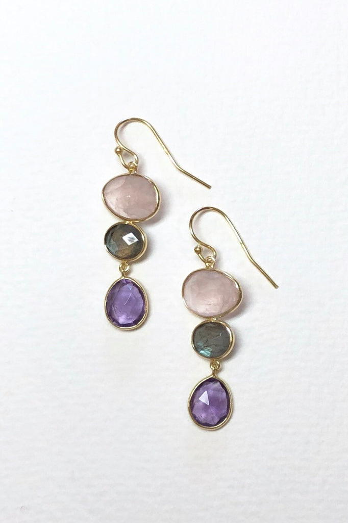 Oracle Earrings Golden Pink Moons sport the best of rose quartz, amethyst and other pink stones