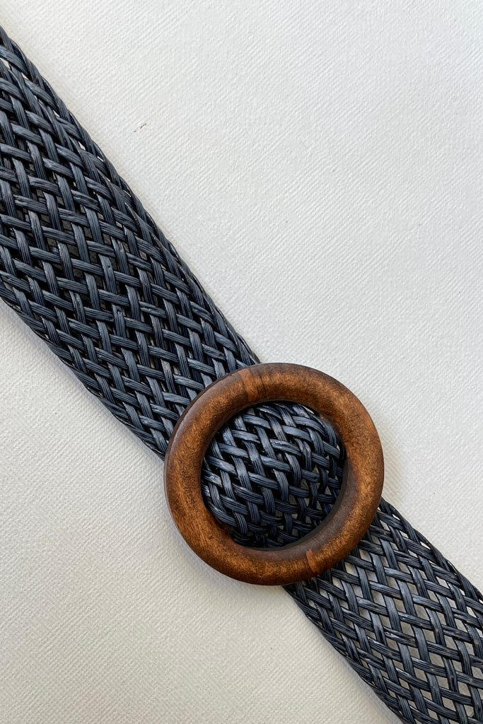 Navy blue plaited belt wood buckle