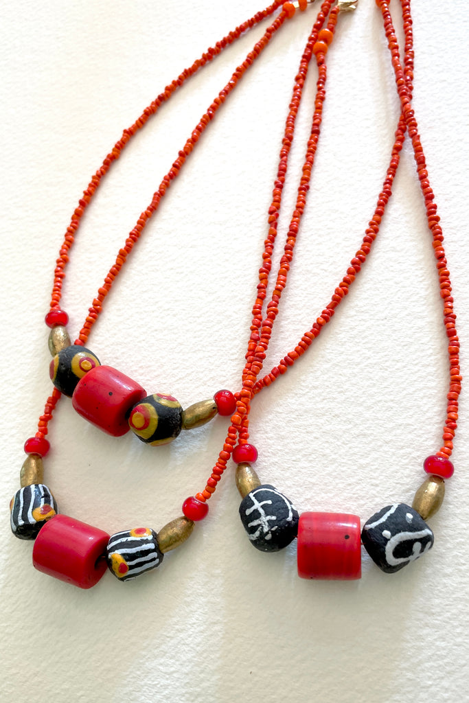 This necklace is from our range of jewellery made using beautiful African powder glass beads made by the people of Krobo Mountain in Ghana, West Africa.