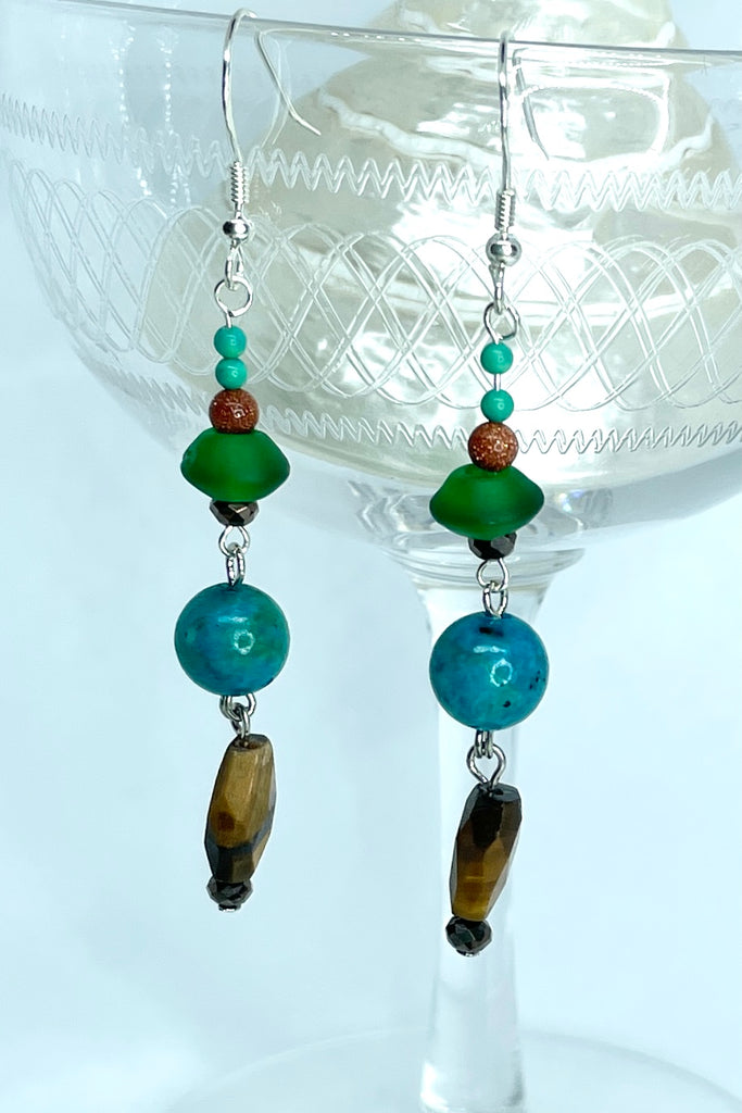 A natural Chrysacolla gemstone in a chic style with a boho vibe, earrings 