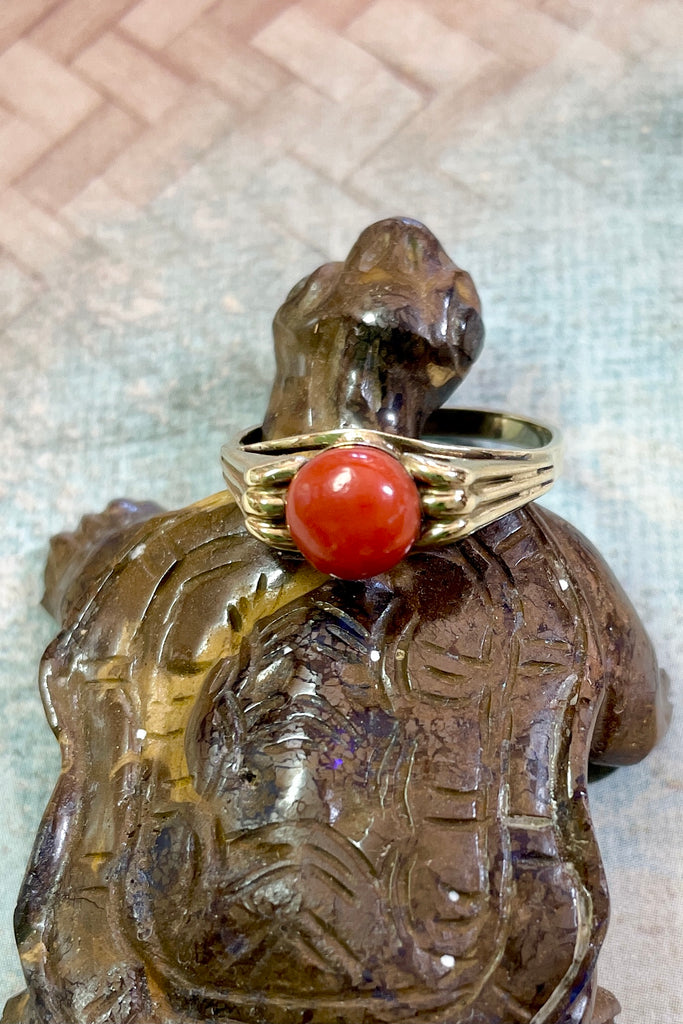 Vintage red coral ring, this pretty ring has a raised gold setting 