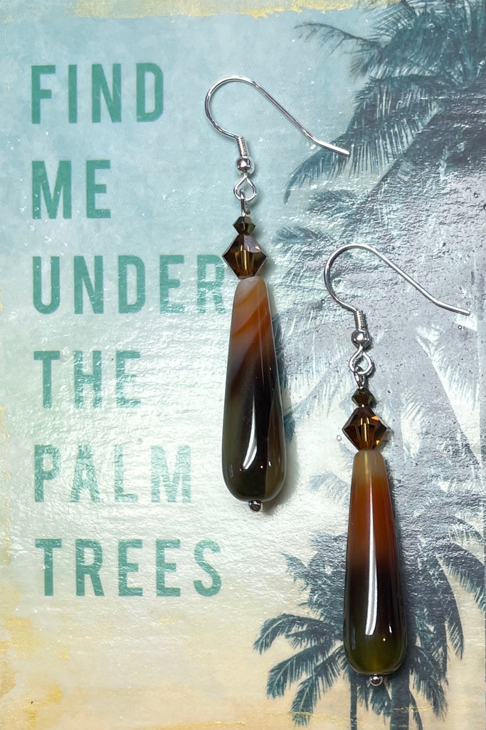 Teardrop style earrings are in coloured agate stone