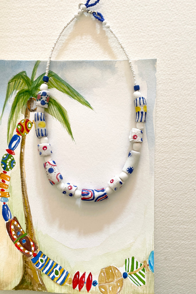 This necklace is from our exclusive range of jewellery highlighting the beautiful African recycled powder glass beads made by the people of Krobo Mountain in Ghana, West Africa.