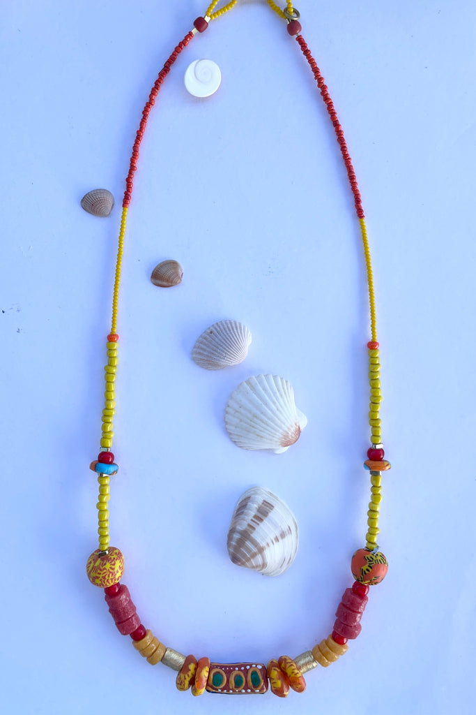 This necklace is from our exclusive range of jewellery highlighting the beautiful African recycled powder glass beads made by the people of Krobo Mountain in Ghana, West Africa.