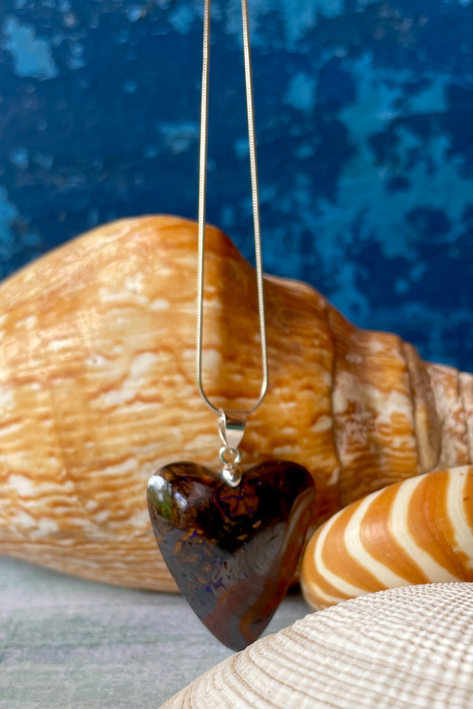 Australian heart shaped opal pendant on a chain, boulder opal. Mens jewellery, Australian made.