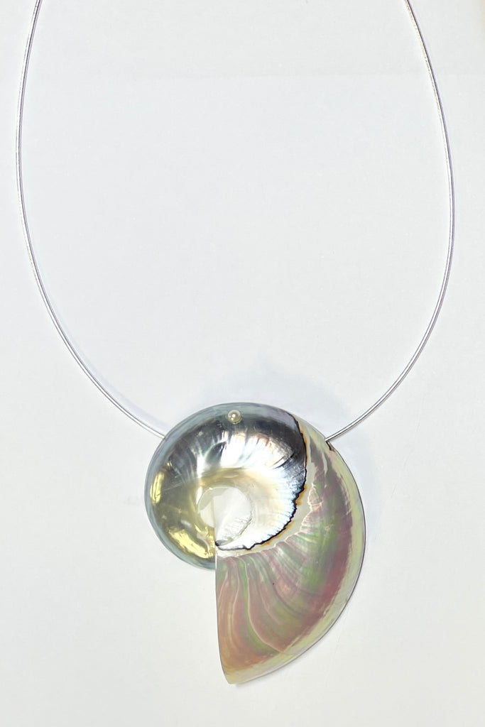 A beautiful iridescent Nautilus Pearl shell, hung on a silver omega chain. Each sea shell has been individually cut and polished to high iridescence.