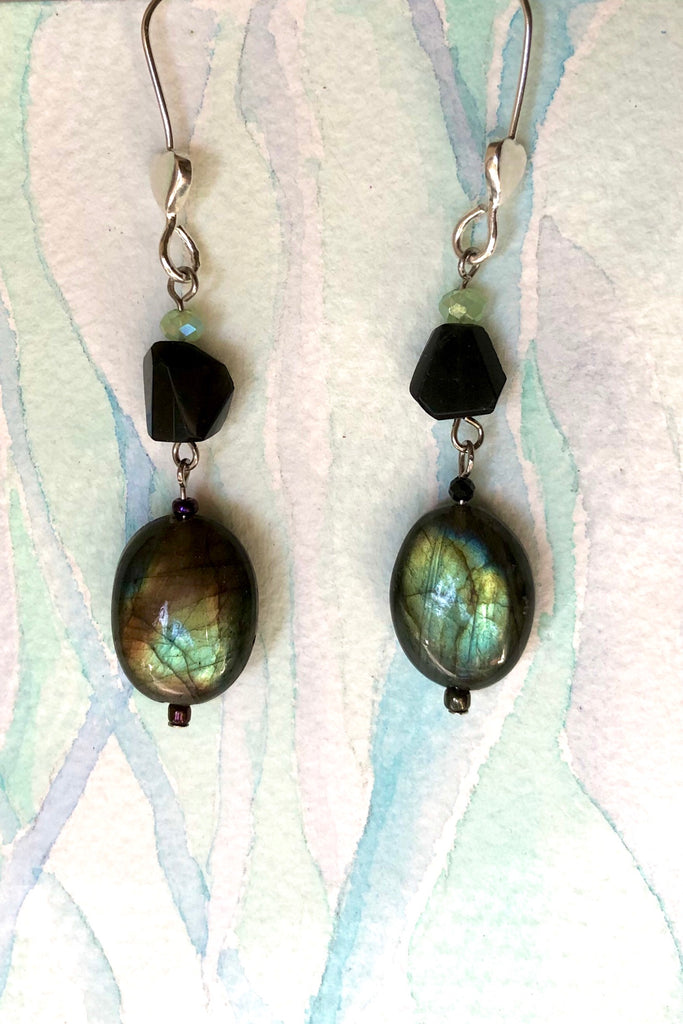The Serendipity Earrings Labradorite Eve are handmade in Noosa featuring Natural black onyx bead, Oval Labradorite bead, Green Quartz bead and hook is 925 Silver.