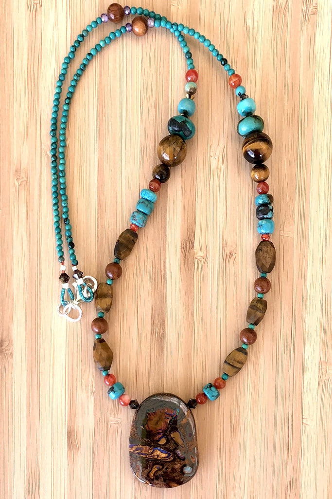 This necklace has been designed using many different semi precious gemstones