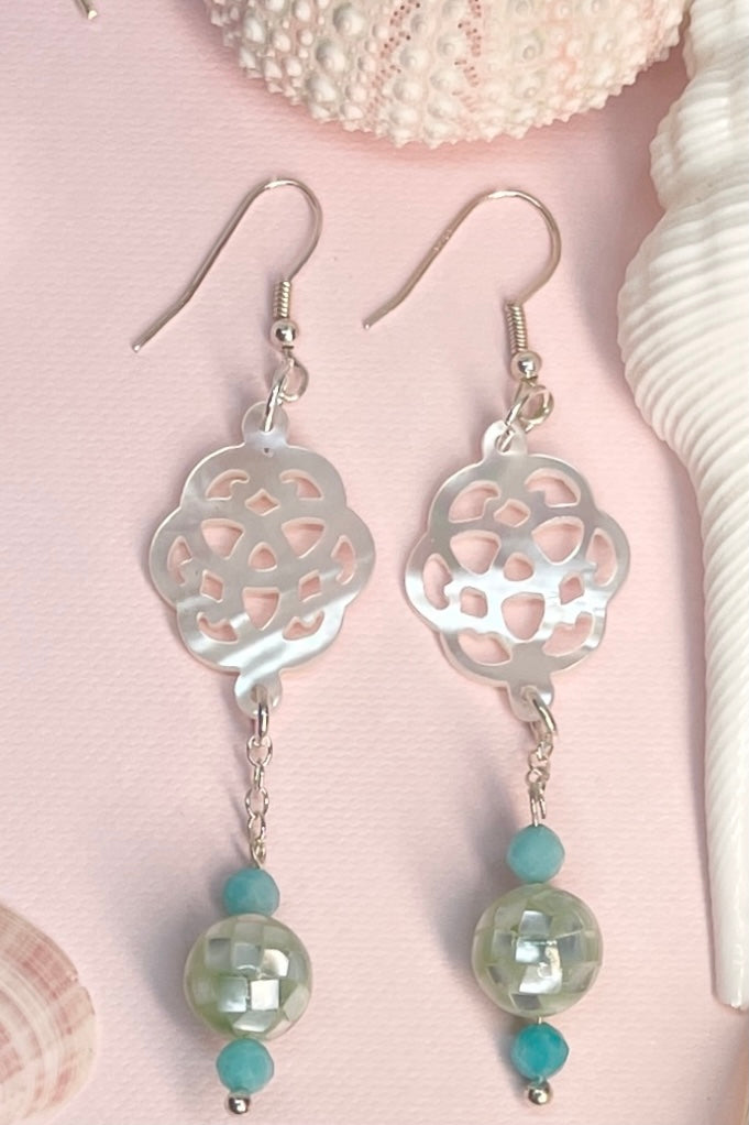 Mother of pearl hand carved Earring with dangling mosaic bead