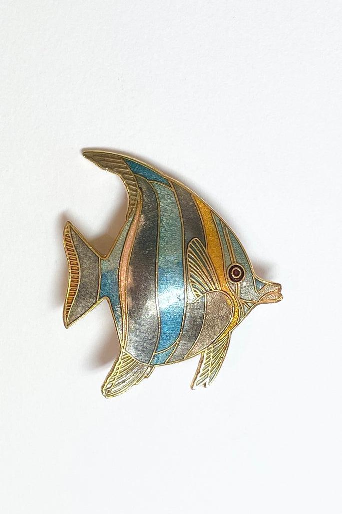 A retro brooch in the form of an Angel Fish, enamelled in soft greys and blues. 