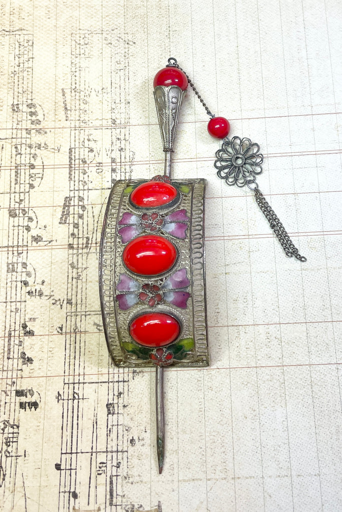  vintage hair ornament embellished with bright red glass stones and  pink enameled flowers and leaves