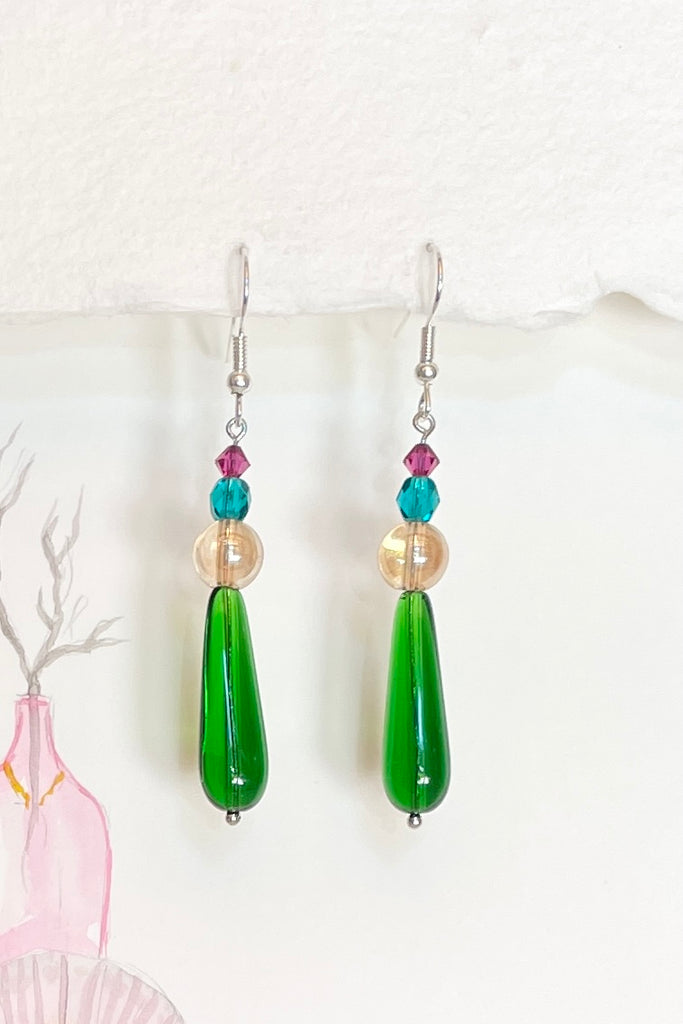 Drop style earrings in clear crystal glass in the shades of summer, emerald green, gold and teal blue
