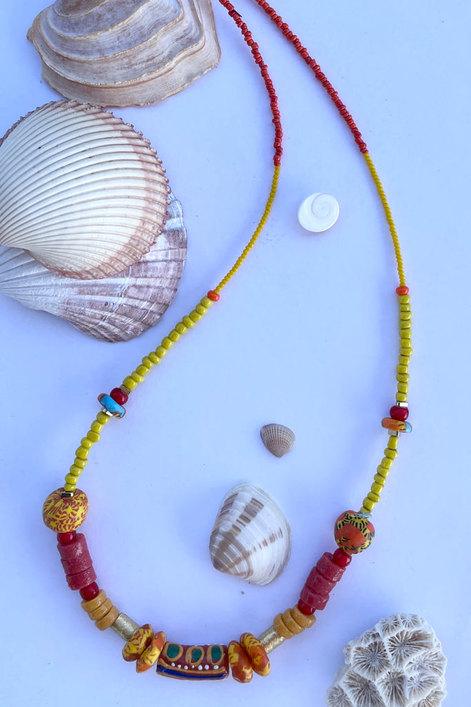 This necklace is from our exclusive range of jewellery highlighting the beautiful African recycled powder glass beads made by the people of Krobo Mountain in Ghana, West Africa.