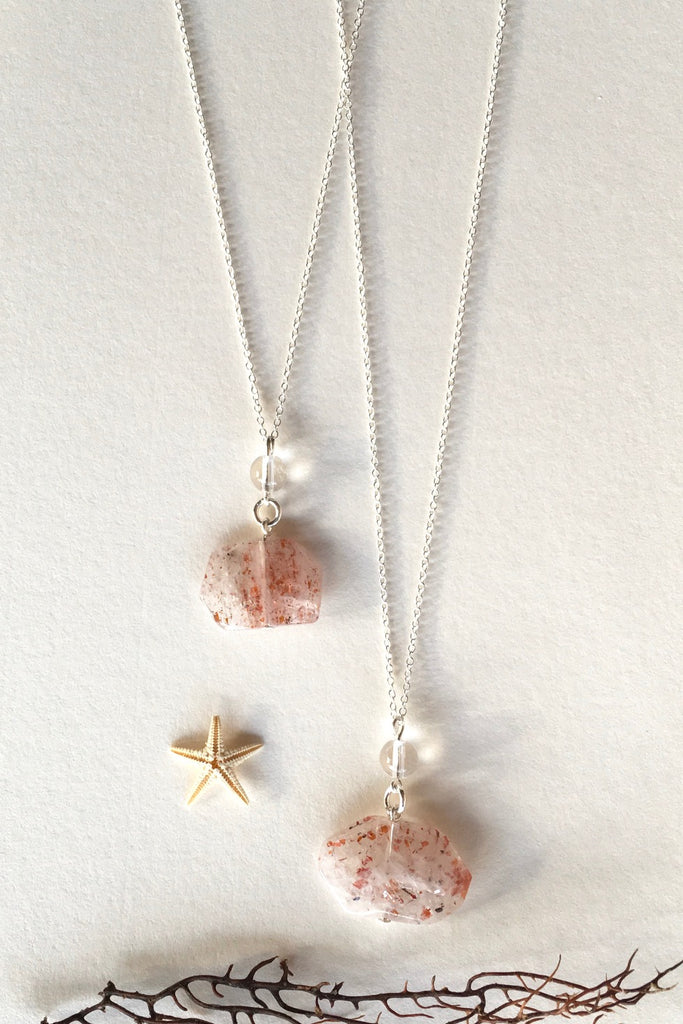 Pendant of Strawberry Quartz with Rock Crystal is unusual stone with flat cut and faceted to reveal all the lovely glittery inclusions hidden inside featuring 2.5cm to 3.5cm long total Each pendant drop.