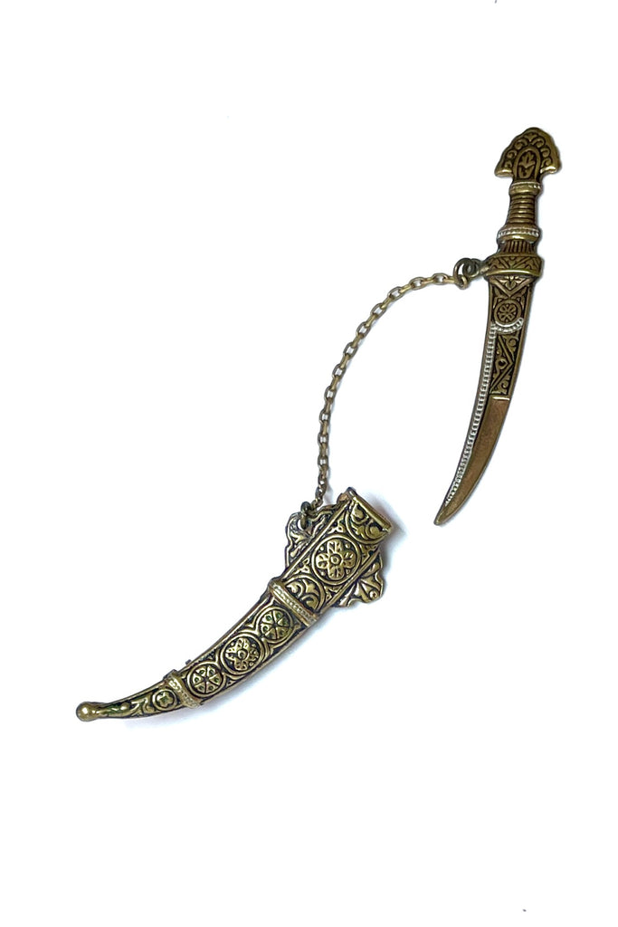 Vintage Damascene dagger and sheath brooch.