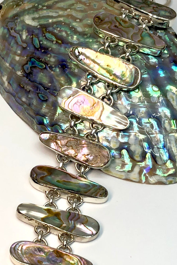The Echo Bracelet Paua Sea has each link cut to enhance the gorgeous colours and each shape individually set and rim set into 925 silver.