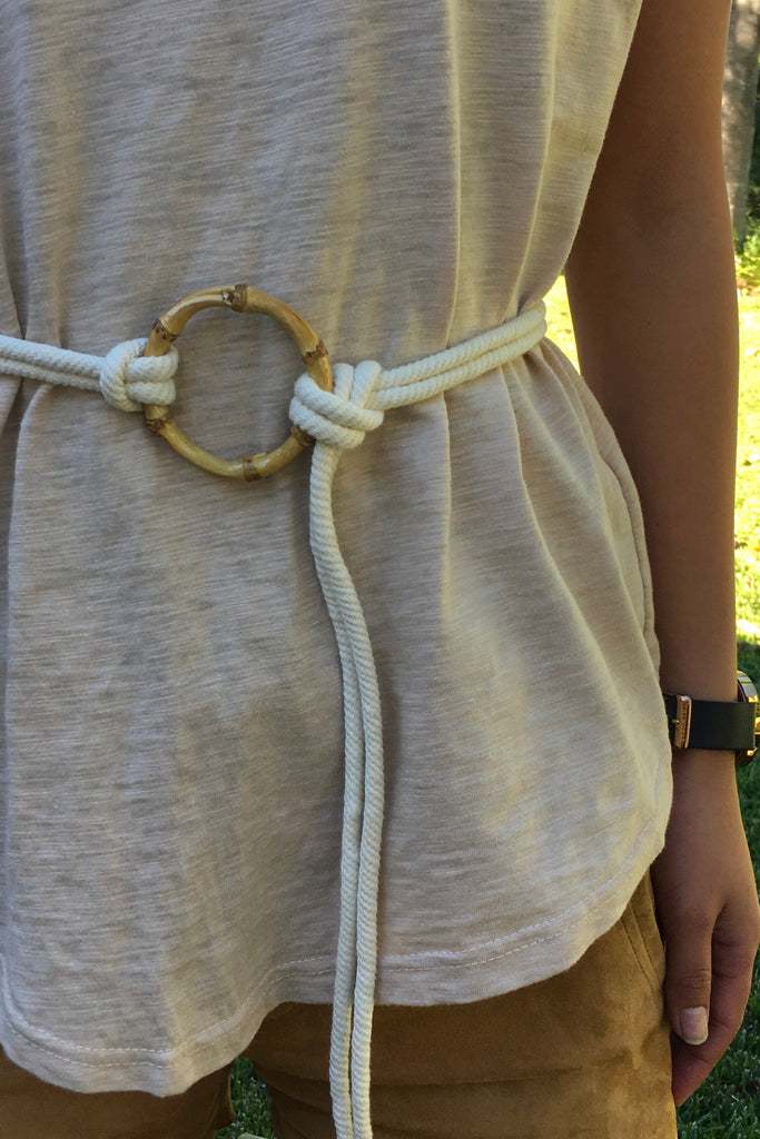 A luxurious rope tie belt with a funky bamboo belt buckle