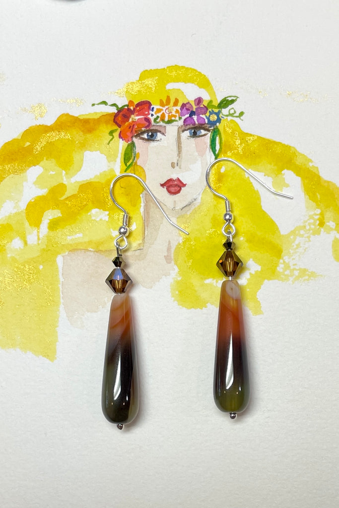 Teardrop style earrings are in coloured agate stone