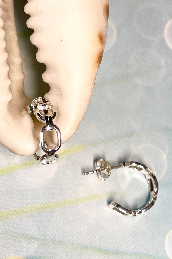 Perfect silver earrings formed as a tiny chain hoop in 925 Silver, a perfect lightweight everyday earring with a hint of sophistication