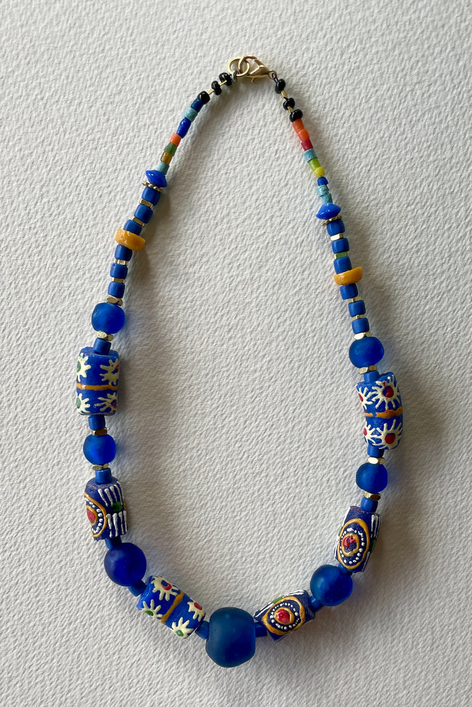 This necklace is from our exclusive range of jewellery highlighting the beautiful African recycled powder glass beads made by the people of Krobo Mountain in Ghana