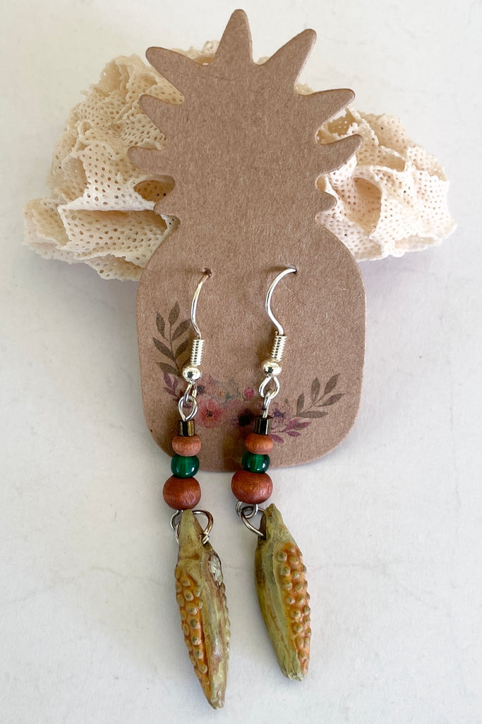  fun tropical style earrings handmade in Noosa using a clay corn cob bead from South America