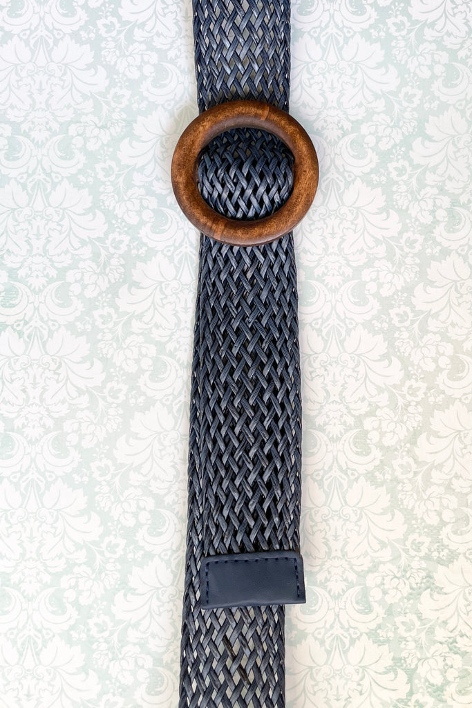 Navy blue plaited belt wood buckle