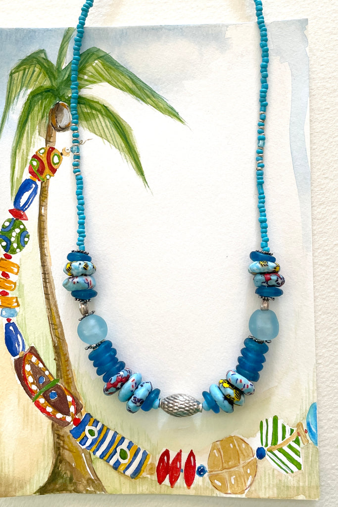 This necklace is from our exclusive range of jewellery highlighting the beautiful African recycled powder glass beads made by the people of Krobo Mountain in Ghana, West Africa.