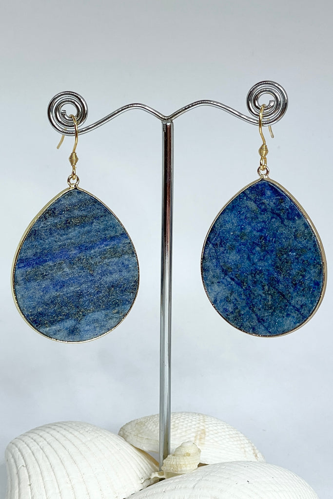 Lapis Lazuli drop earrings, featuring a gorgeous slim leaf of Lapis edged in goldtone. Natural stone 