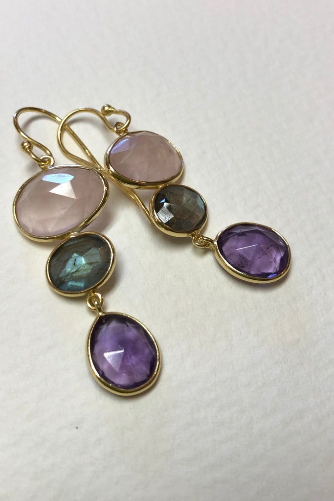 Oracle Earrings Golden Pink Moons sport the best of rose quartz, amethyst and other pink stones