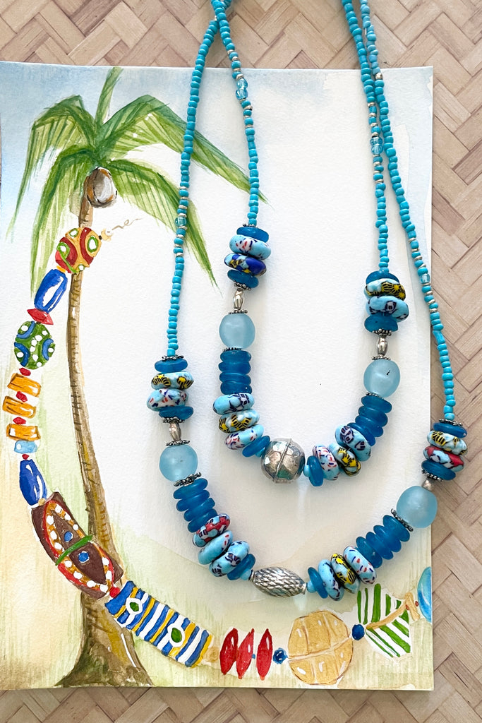 This necklace is from our exclusive range of jewellery highlighting the beautiful African recycled powder glass beads made by the people of Krobo Mountain in Ghana, West Africa.