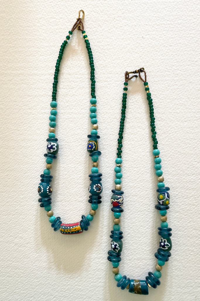 This necklace is from our exclusive range of jewellery highlighting the beautiful African recycled powder glass beads made by the people of Krobo Mountain in Ghana, West Africa.