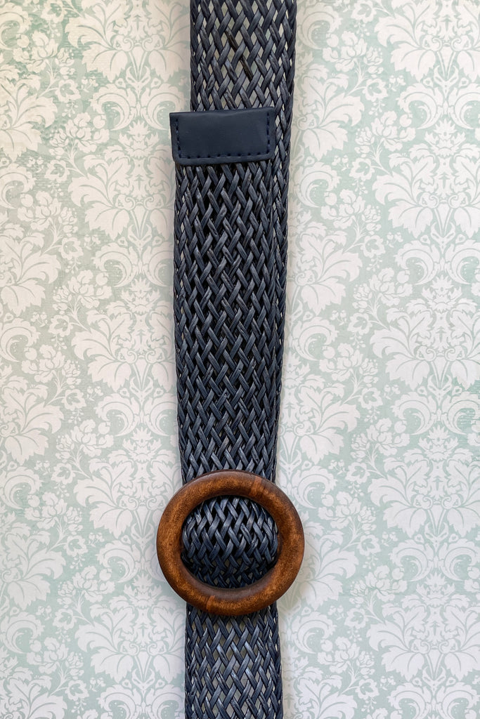 Navy blue plaited belt wood buckle