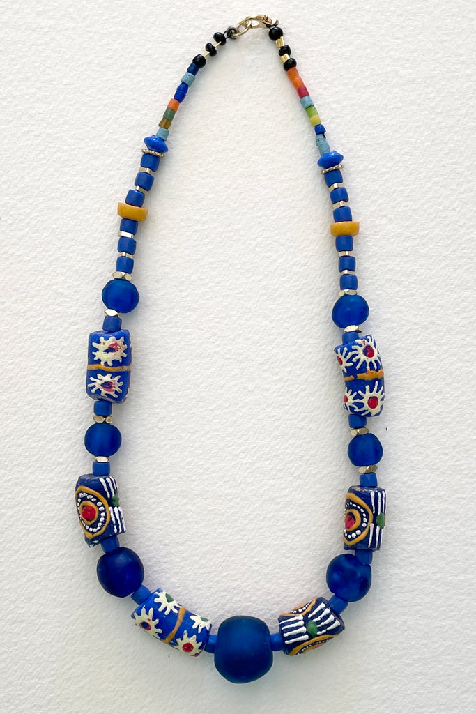 This necklace is from our exclusive range of jewellery highlighting the beautiful African recycled powder glass beads made by the people of Krobo Mountain in Ghana