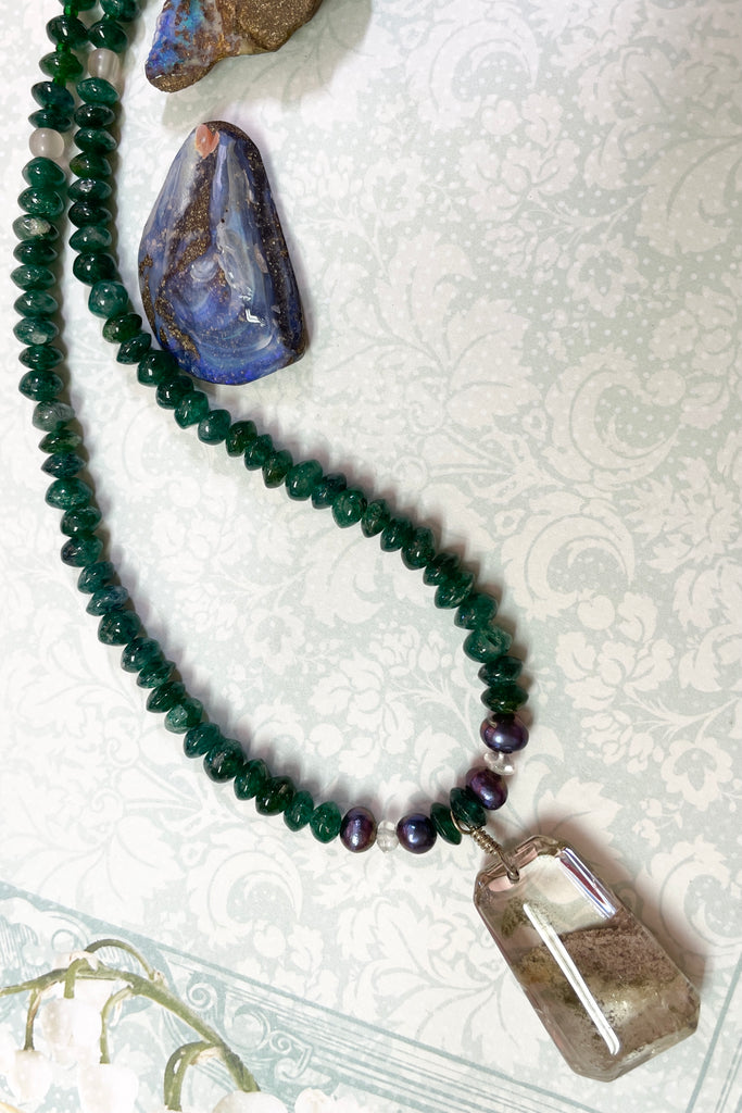 Lodalite Crystal pendant, handmade in our Noosa Studio using green quartz, Labradorite and Pearls