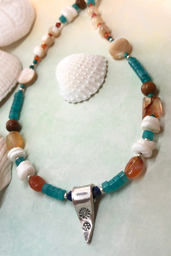The beads in this range are all natural materials, gemstones, shell and wood.