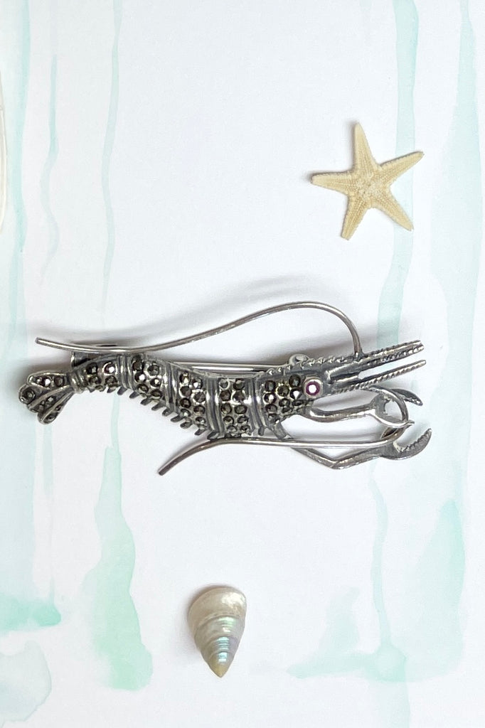  sterling silver sparkling marcasite brooch in the form of a prawn.