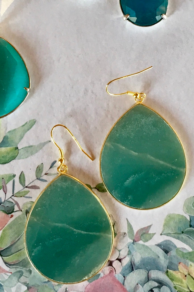 Women's Jewellery and Accessories. Earrings Stone Leaf Teal are Statement teal drop earrings. Raw natural stone. Gold hardware. Large and eye catching. Great gift or occasion wear. Boho style.