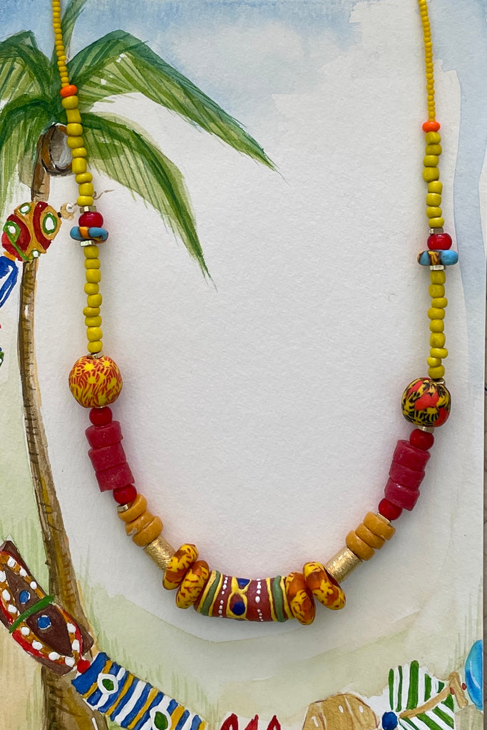 necklace is from our exclusive range of jewellery highlighting the beautiful African recycled powder glass beads made by the people of Krobo Mountain in Ghana
