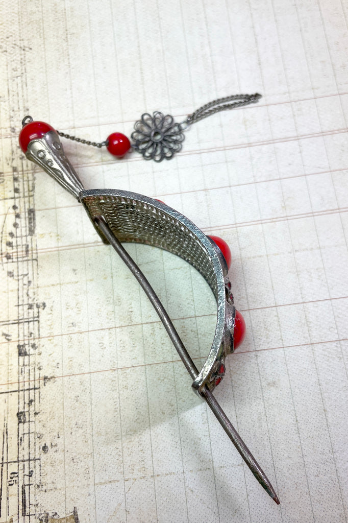  vintage hair ornament embellished with bright red glass stones and  pink enameled flowers and leaves