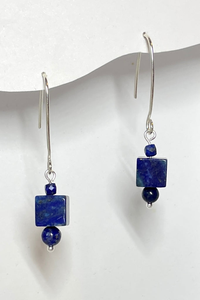 A perfectly chic earring style with a boho vibe, deep blue Lapis Lazuli cube with a little faceted Lapis bead on each side