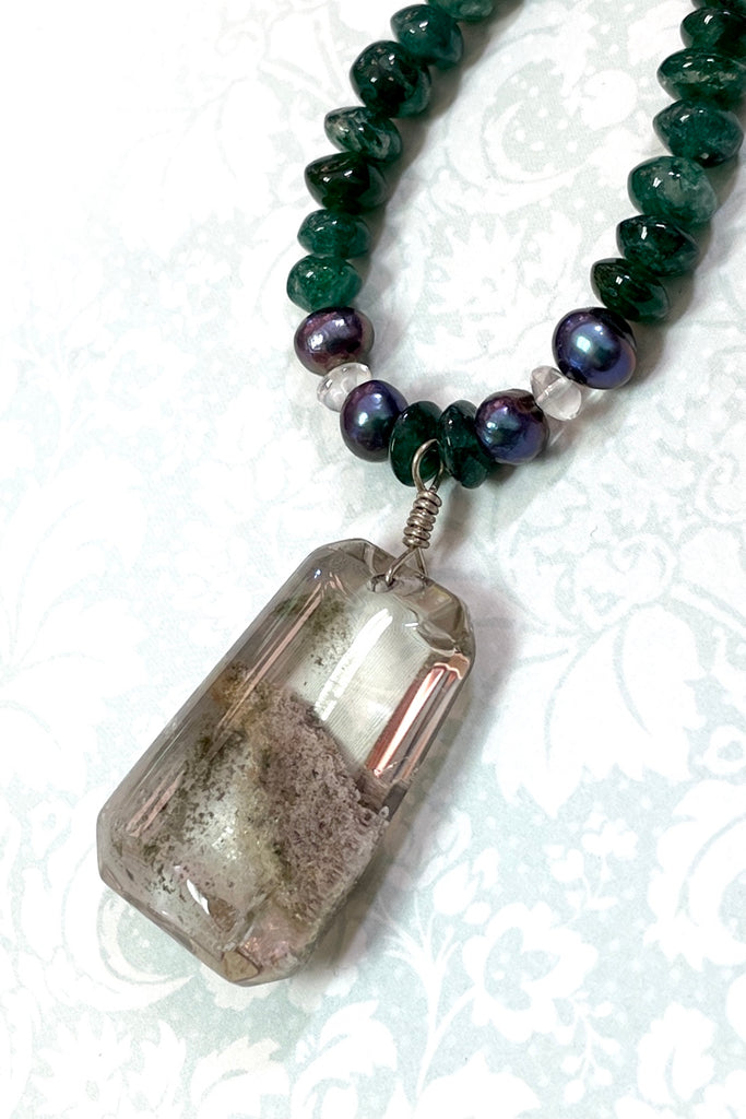 Lodalite Crystal pendant, handmade in our Noosa Studio using green quartz, Labradorite and Pearls