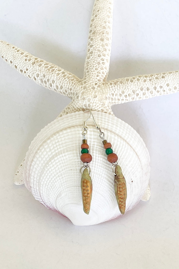  fun tropical style earrings handmade in Noosa using a clay corn cob bead from South America