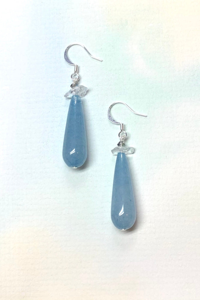 These Cornflower blue teardrop style statement earrings are made from natural stone featuring approximately 6cm length, drop style earrings, silvered hook earrings.