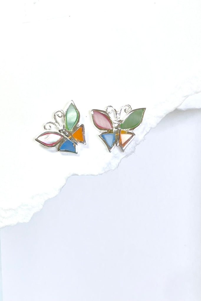 Earrings tiny butterflies, coloured mother of pearl shell in 925 Silver,