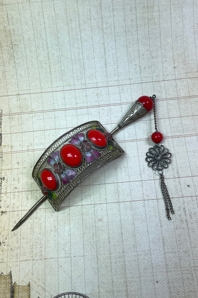  vintage hair ornament embellished with bright red glass stones and  pink enameled flowers and leaves