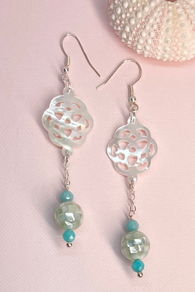 Mother of pearl hand carved Earring with dangling mosaic bead
