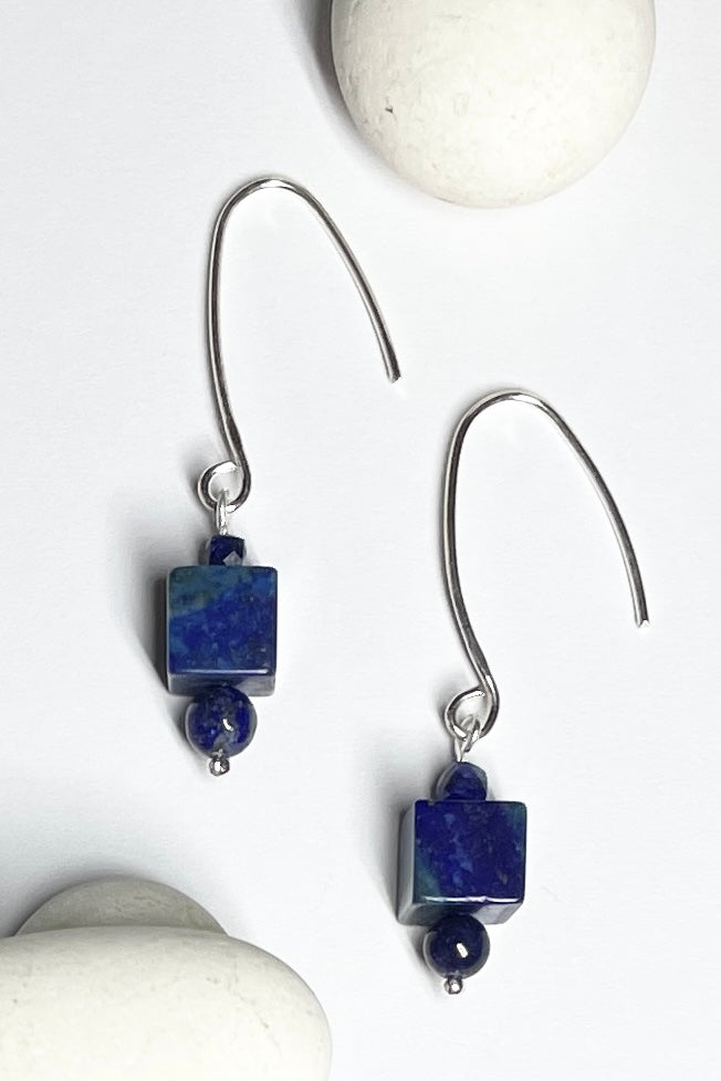 A perfectly chic earring style with a boho vibe, deep blue Lapis Lazuli cube with a little faceted Lapis bead on each side