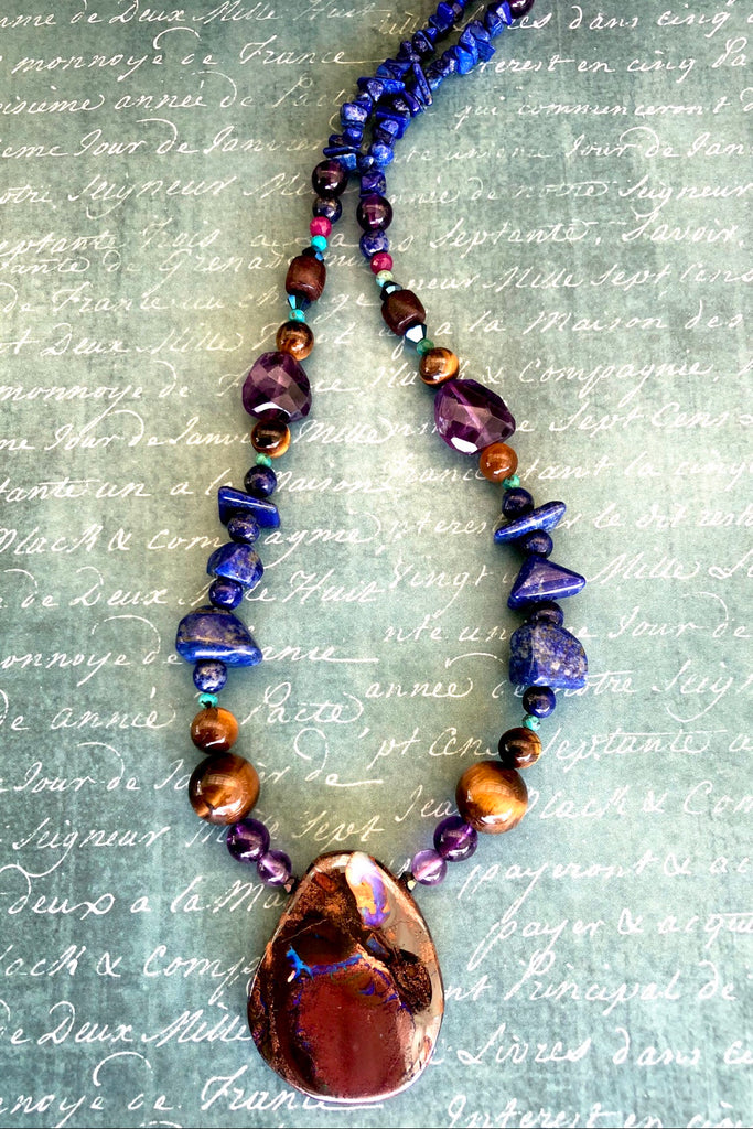 This necklace has been designed using many different semi precious gemstones
